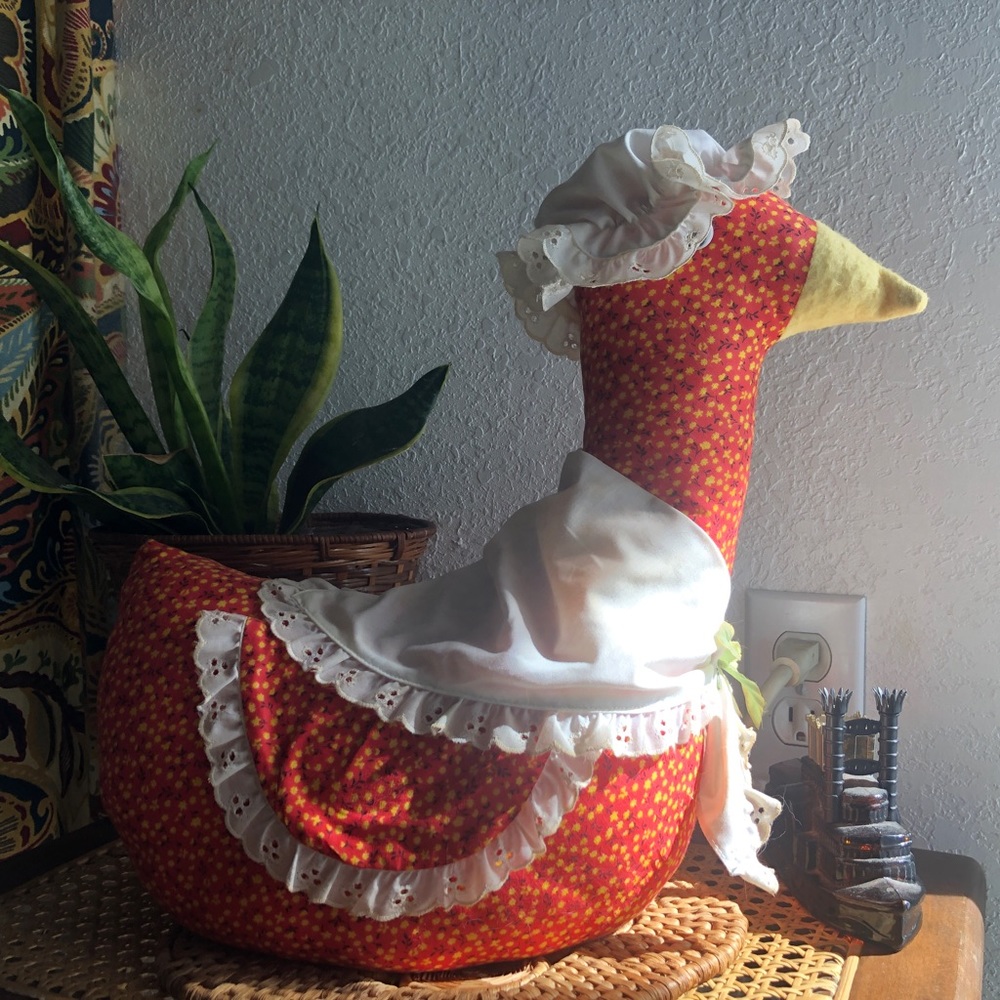 Vintage Hand-Sewed Cottagecore/Kitschy Red Floral Goose Doorstopper w/Ruffles